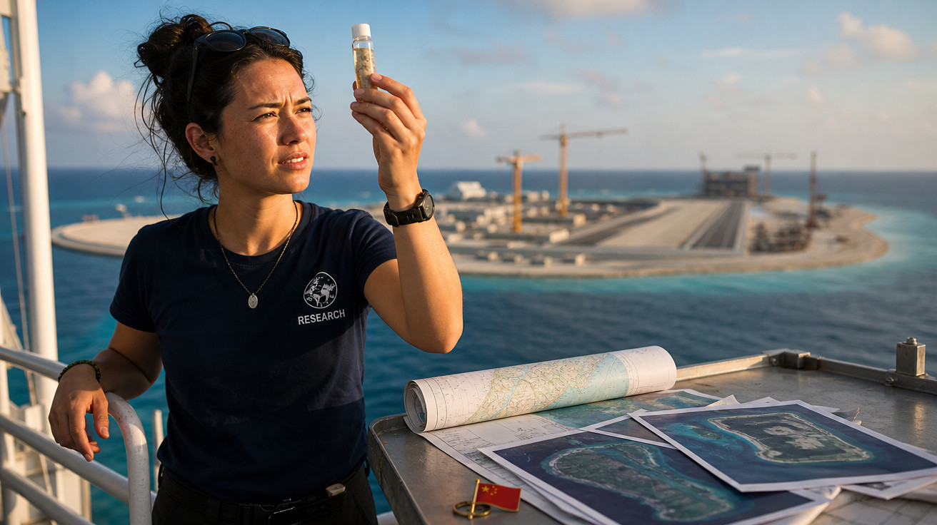 Investigadora analisa amostra em frasco com ilha artificial e mapas ao fundo durante expedição marítima.