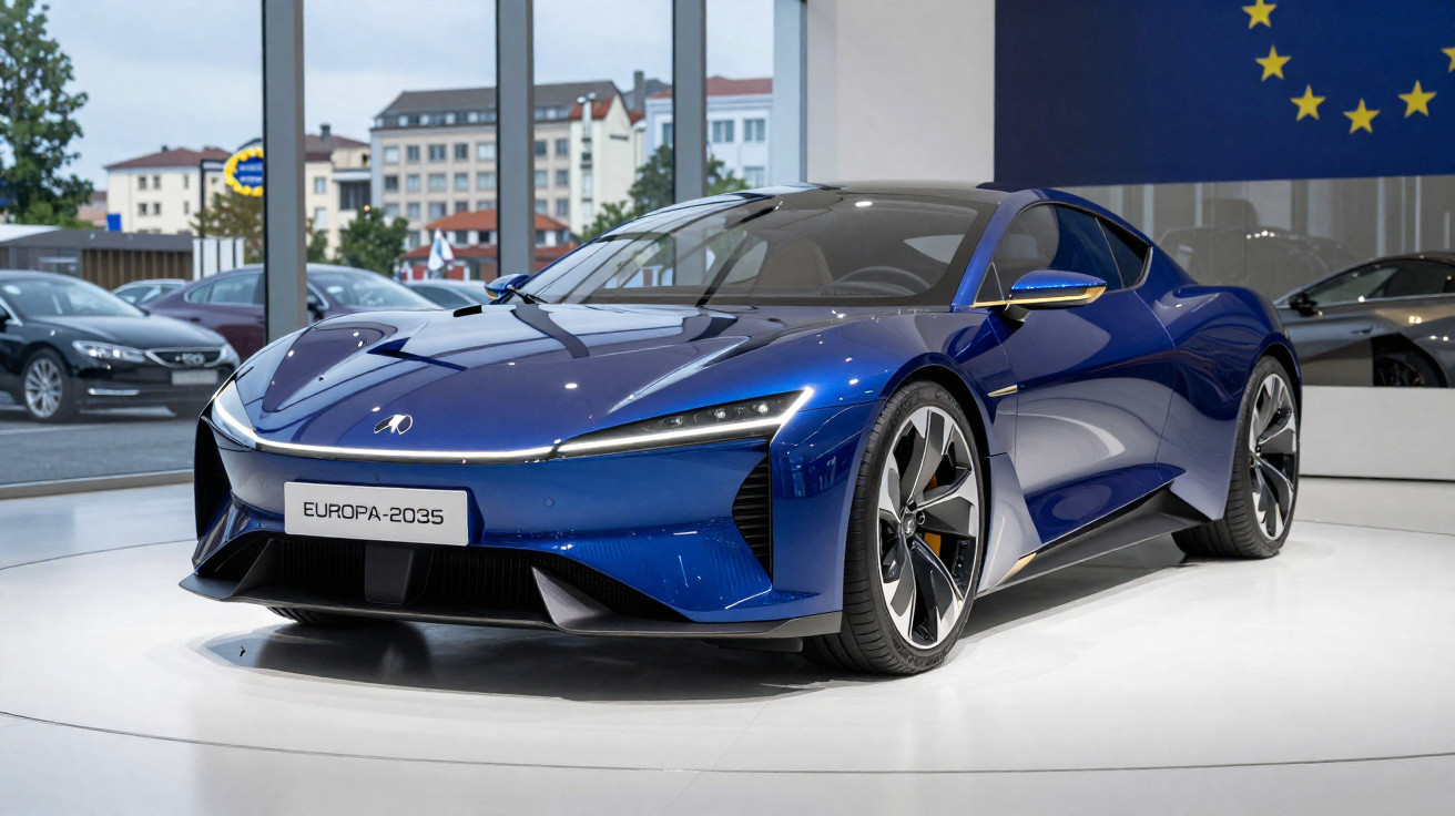 Carro desportivo elétrico azul metálico Europa-2035 em exposição numa sala com painel da bandeira europeia.