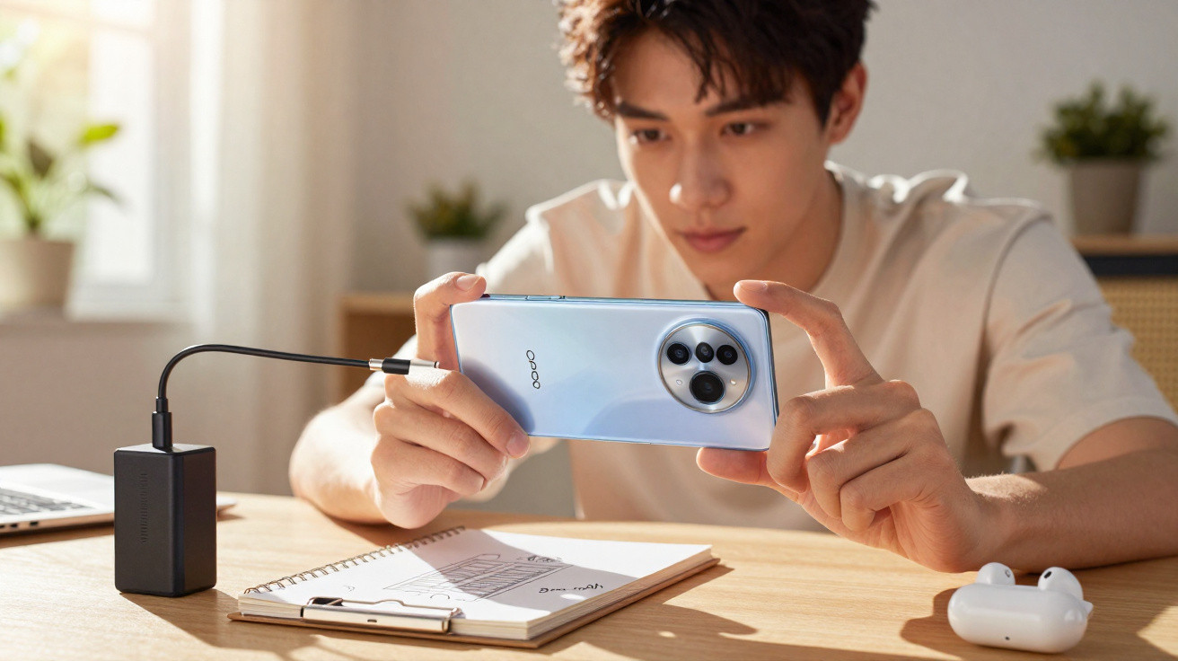 Jovem a usar smartphone OPPO azul ligado a carregador, numa mesa com bloco de notas e auriculares brancos.