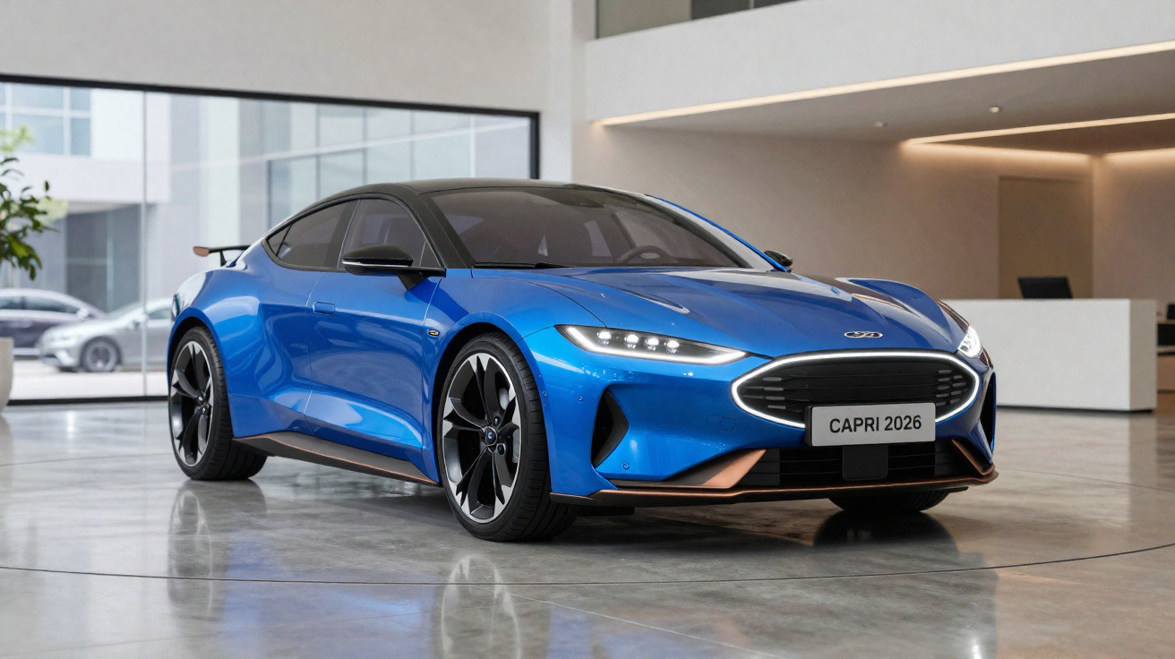 Carro desportivo azul Capri 2026 em exposição num showroom moderno e espaçoso.