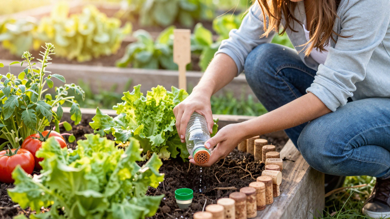 Pessoa a regar plantas num canteiro elevado com tomates e alfaces numa horta caseira.