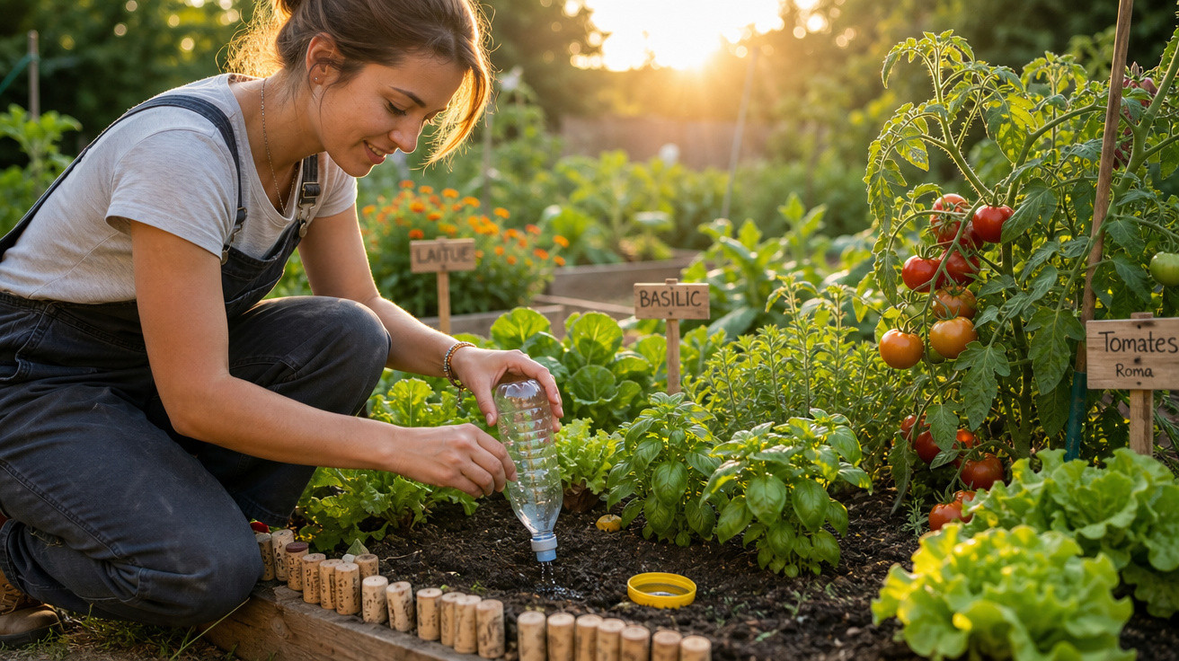 Mulher a regar plantas e ervas aromáticas num jardim hortícola ao pôr do sol.