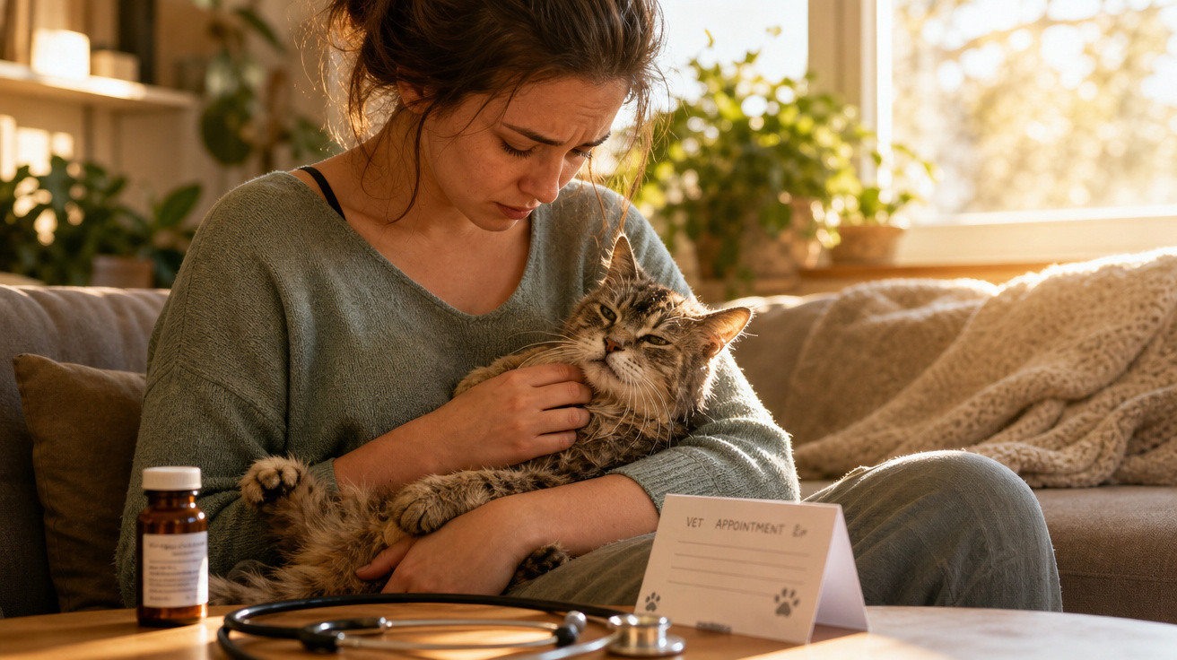 Mulher abraça gato no sofá, com medicamentos e um estetoscópio numa mesa à frente, luz natural pela janela.