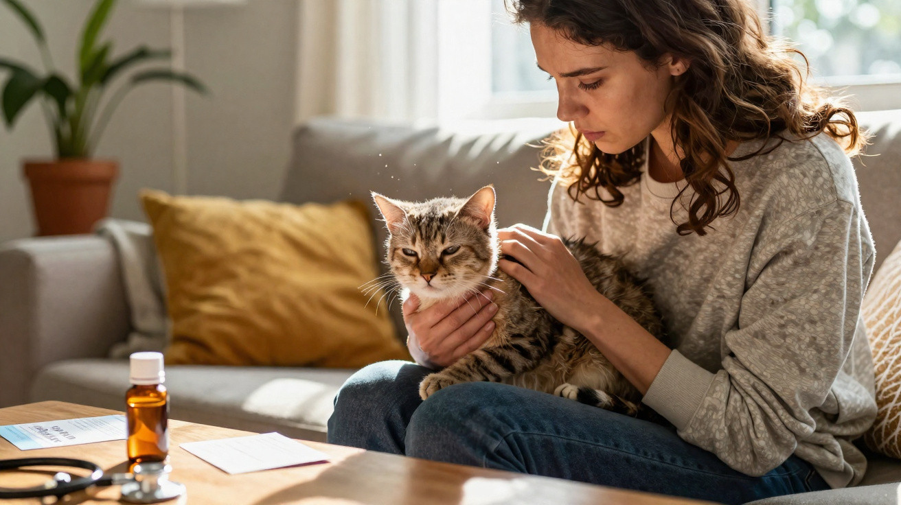 Mulher com camisola cinzenta a examinar um gato numa sala acolhedora com sofá e plantas.