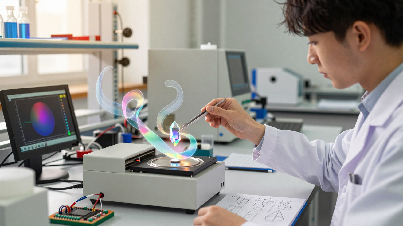 Cientista em laboratório a manipular cristal holográfico acima de equipamento tecnológico avançado.