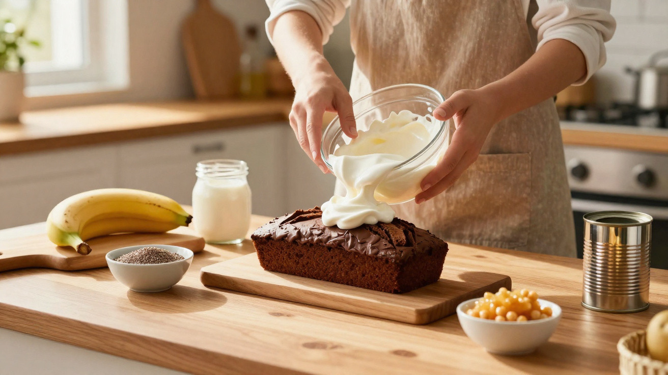 Pessoa a decorar um bolo de chocolate com chantilly numa cozinha iluminada.