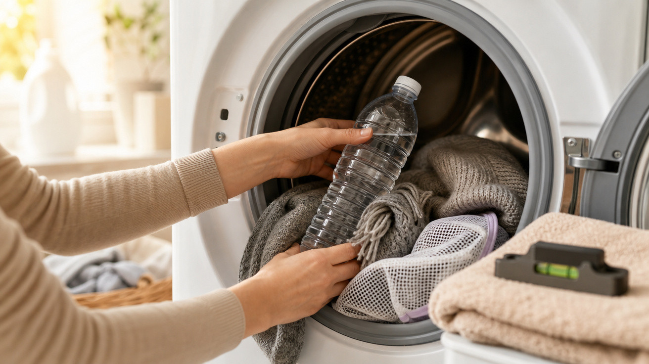 Pessoa a colocar garrafa de plástico dentro da máquina de lavar roupa cheia de roupas.