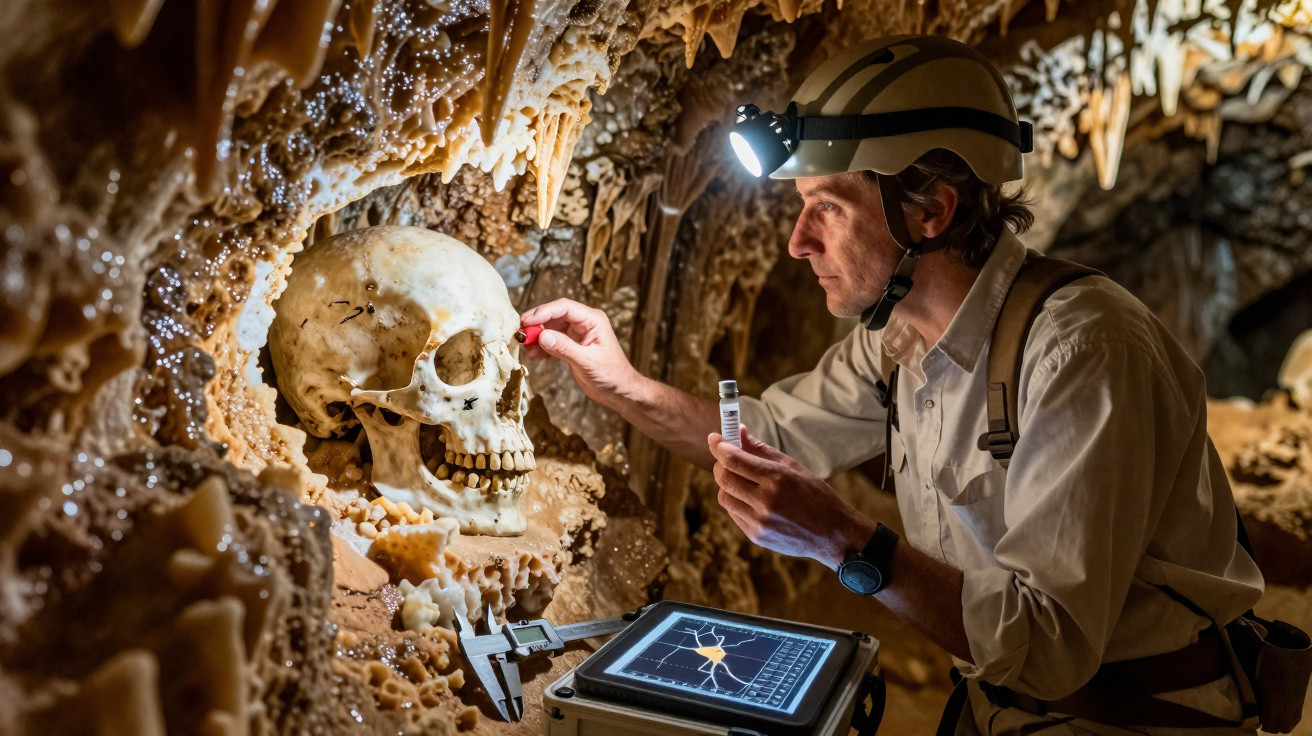 Homem com capacete examina crânio humano numa caverna com estalactites, usando tablet e ferramentas científicas.