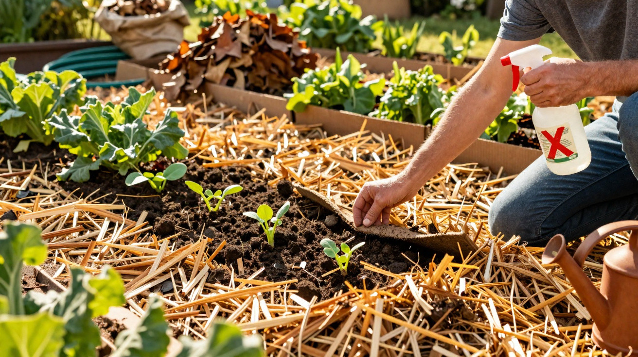 Pessoa a cultivar plantas jovens num canteiro com cobertura de palha e pulverizador na mão.