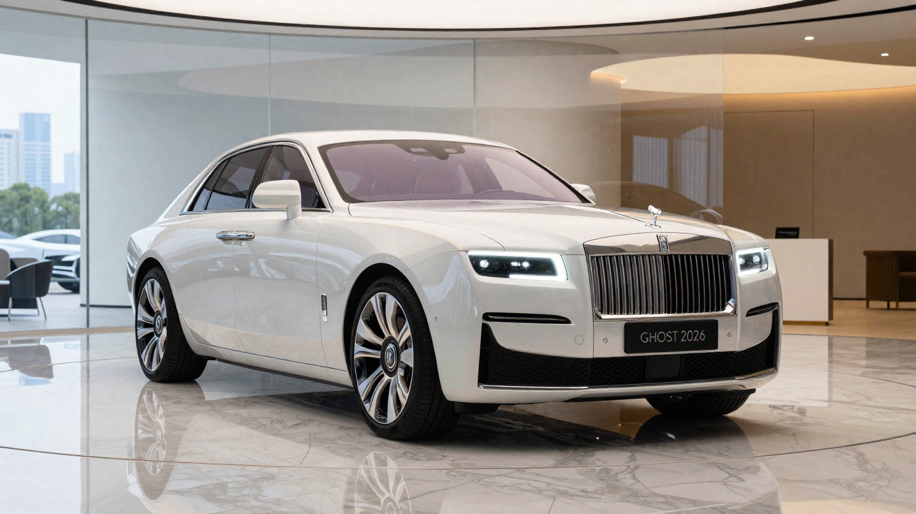 Carro Rolls-Royce Ghost 2026 branco, exposição interior com chão e paredes de vidro e luz ambiente.