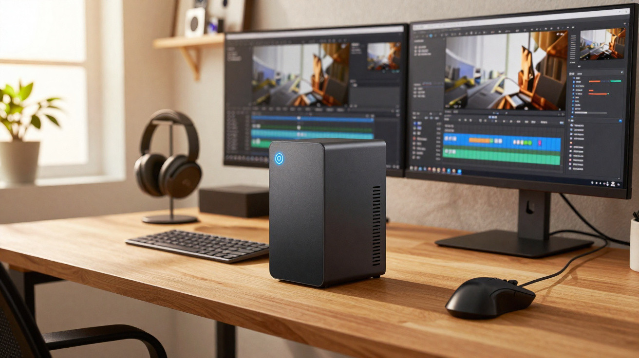 Mesa de trabalho com computador, dois ecrãs a editar vídeo, auscultadores, teclado e rato.