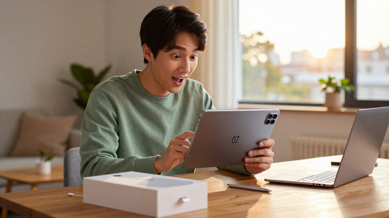 Jovem entusiasmado a usar um tablet cinza num ambiente caseiro com computador portátil e caixa na mesa.