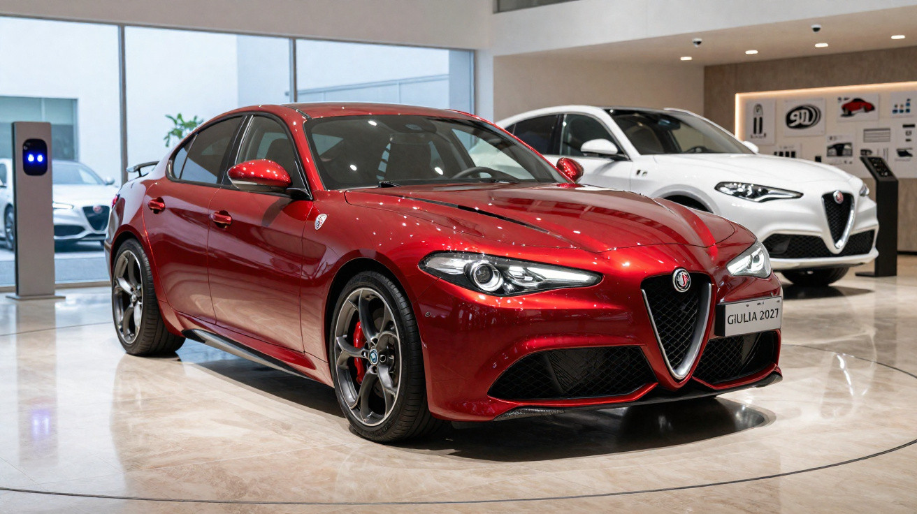 Carro desportivo Alfa Romeo Giulia 2027 vermelho em showroom com outro carro branco ao fundo.
