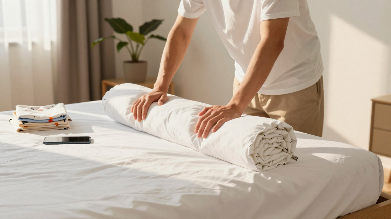 Pessoa enrola edredão branco numa cama num quarto iluminado com móvel e planta ao fundo.