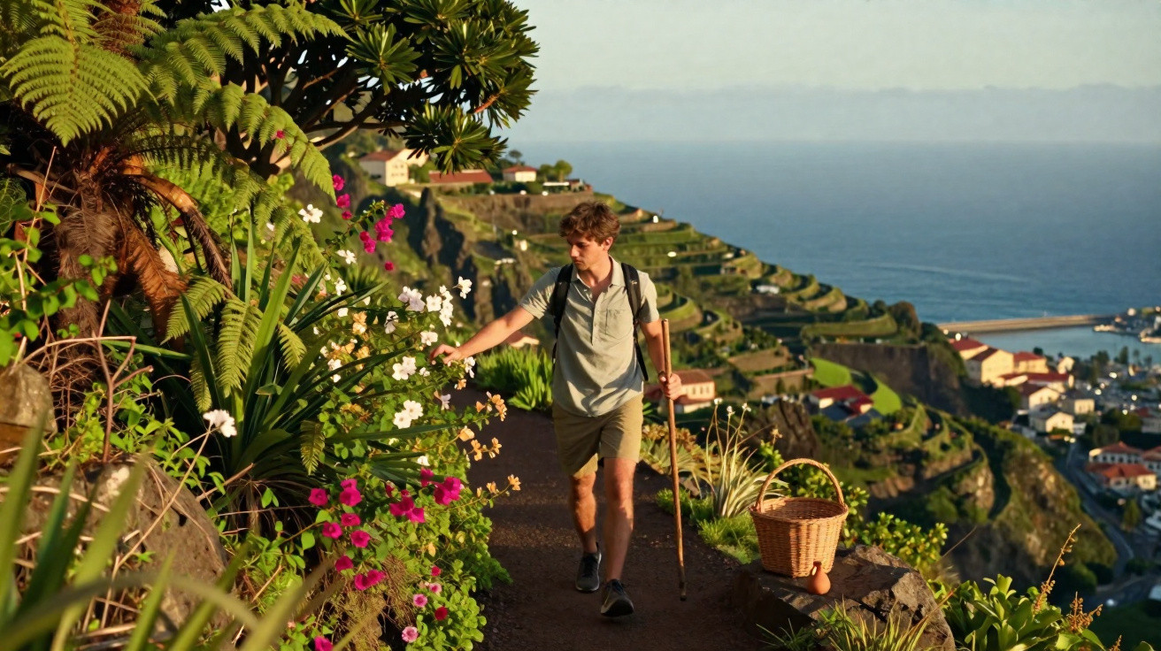 Homem a caminhar por trilho florido numa encosta com vista para o mar e aldeia costeira ao fundo.