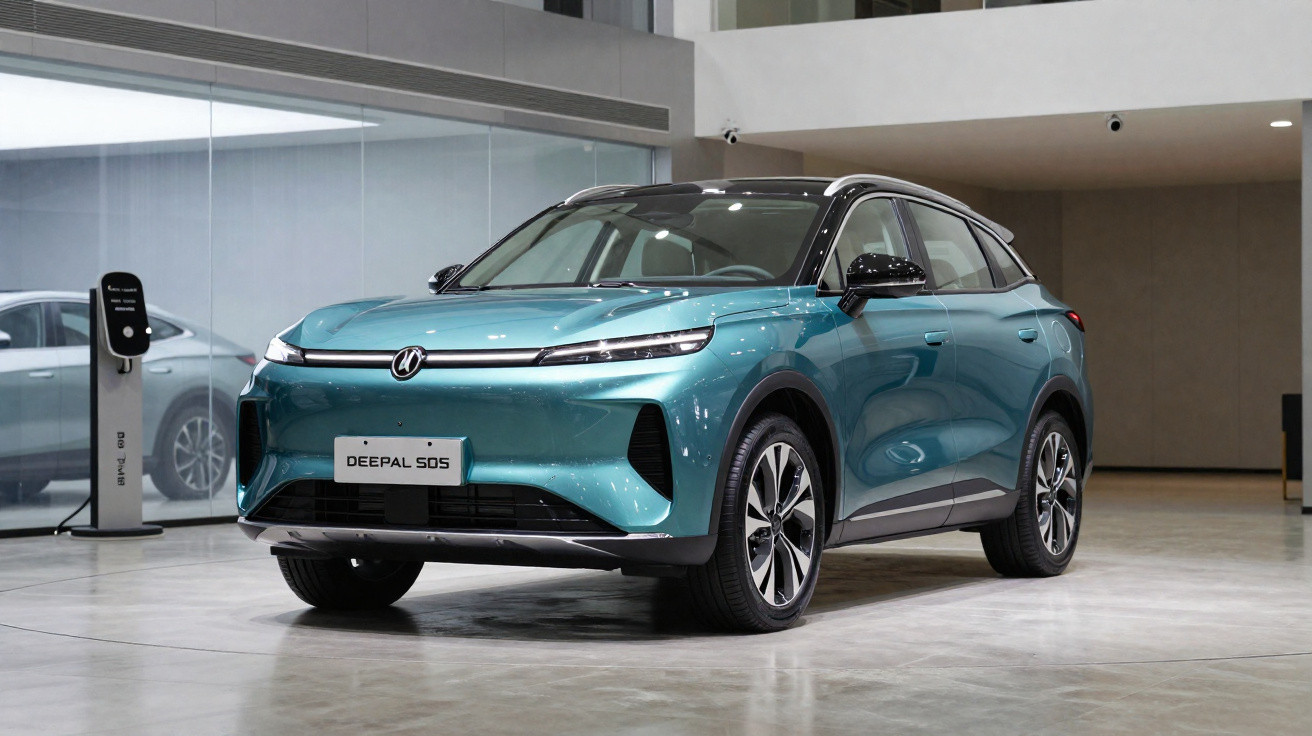 Carro elétrico azul Deepal S05 estacionado em showroom moderno com carregador ao lado.
