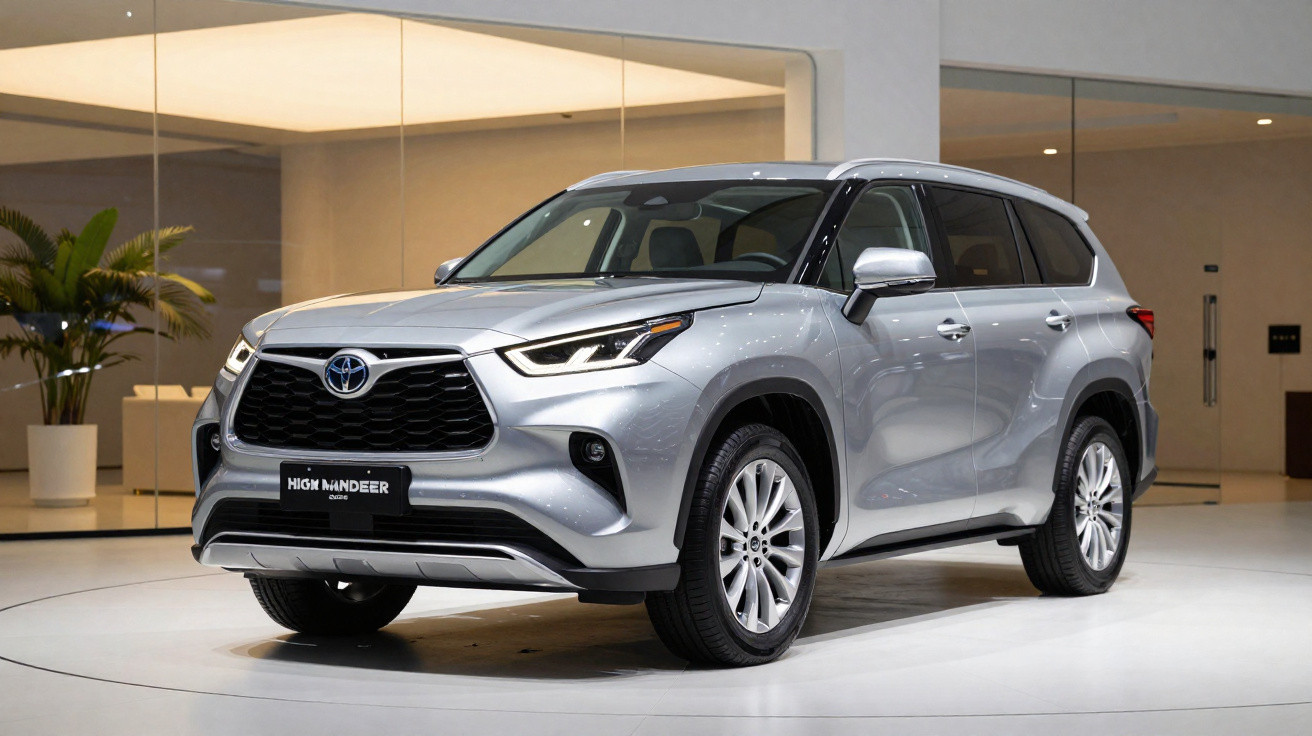 SUV Toyota Highlander cinzento claro estacionado em salão moderno com chão branco e plantas decorativas.