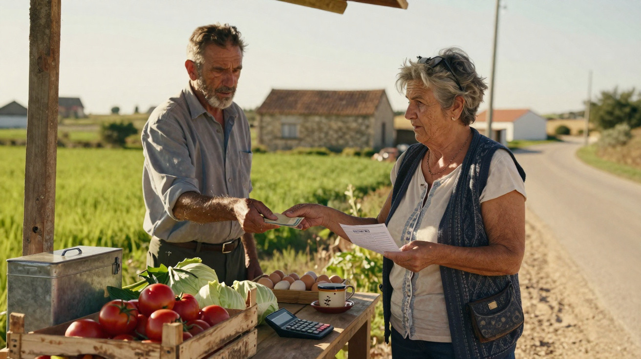 Homem vende legumes frescos a mulher numa banca ao ar livre numa zona rural ensolarada.