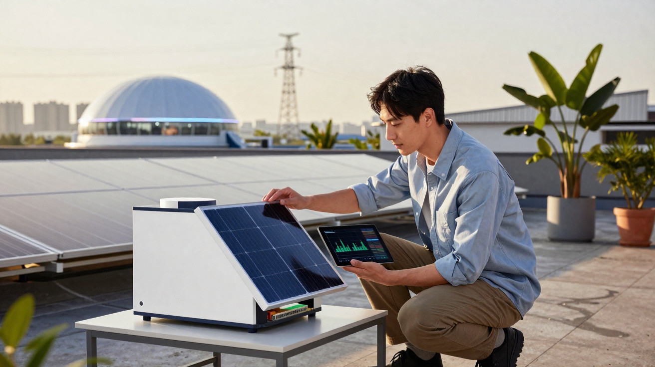 Homem analisa painel solar portátil no telhado, segurando tablet com gráficos de energia.