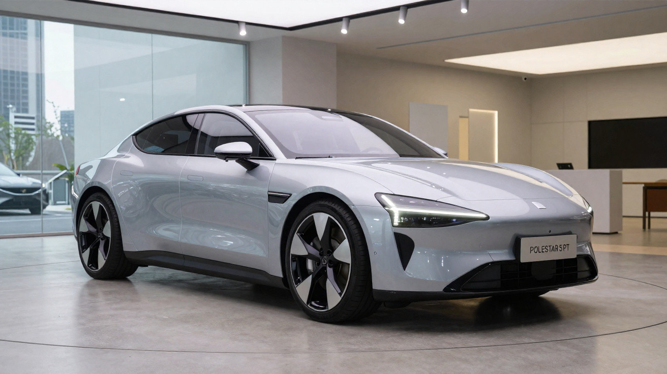 Carro elétrico cinzento claro Polestar SPT estacionado em showroom moderno com iluminação interior.