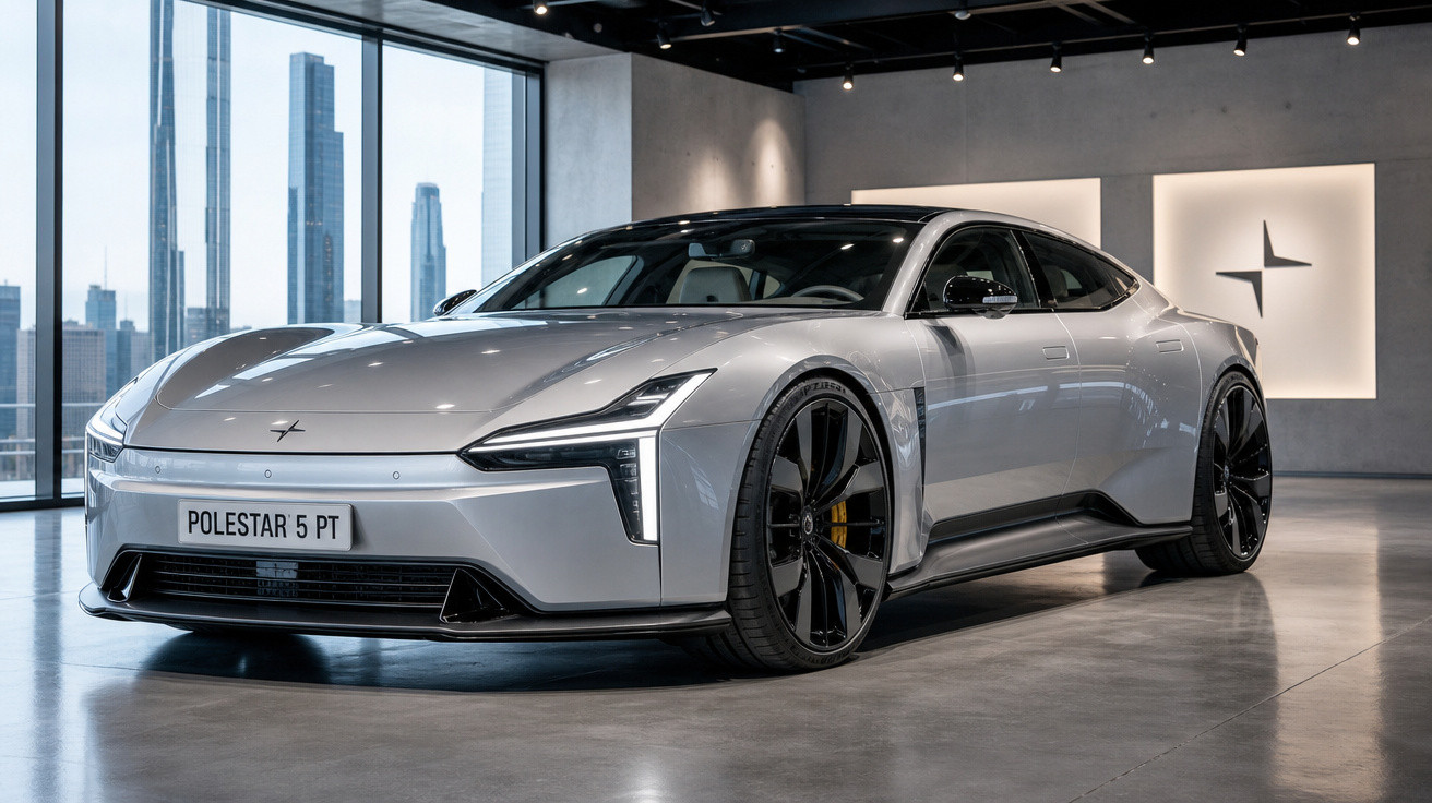 Carro elétrico Polestar 5 prata num showroom moderno com janelas grandes e vista para a cidade.