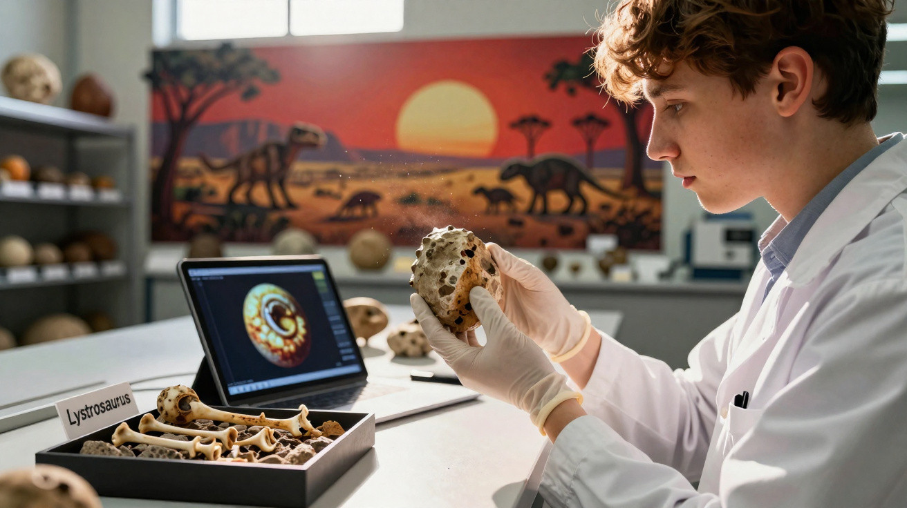 Jovem cientista examina crânio fóssil em laboratório com ossos de dinossauro e imagem de paisagem pré-histórica ao fundo.