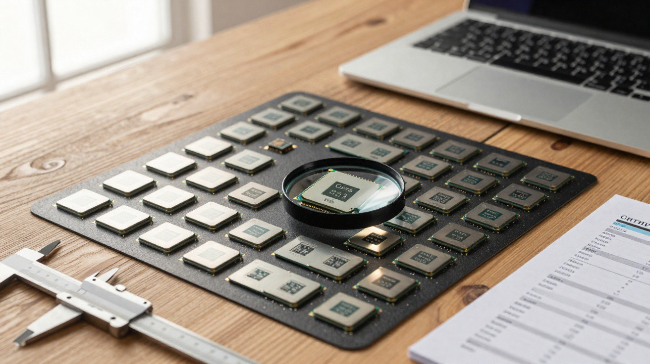 Mesa de trabalho com microchips, lupa, régua de calibragem e computador portátil.