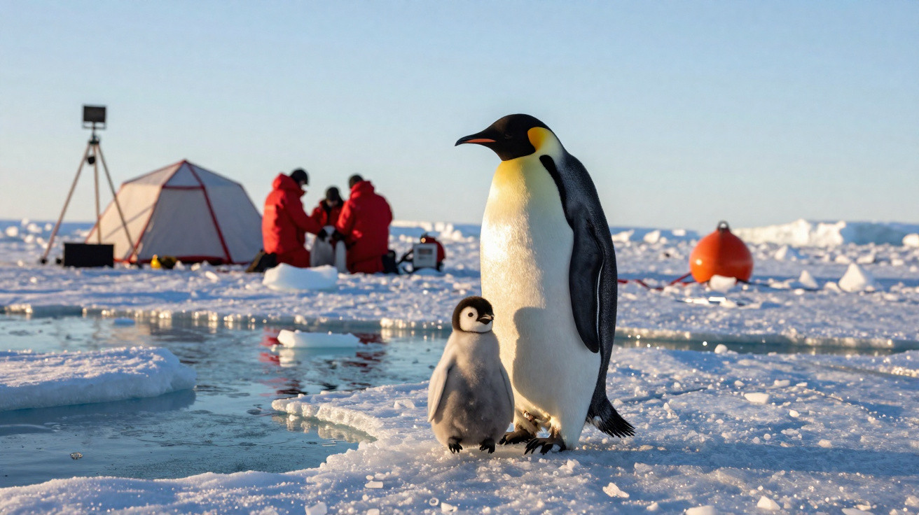 Pinguim-imperador adulto com filhote em gelo junto a acampamento científico com pessoas ao fundo.