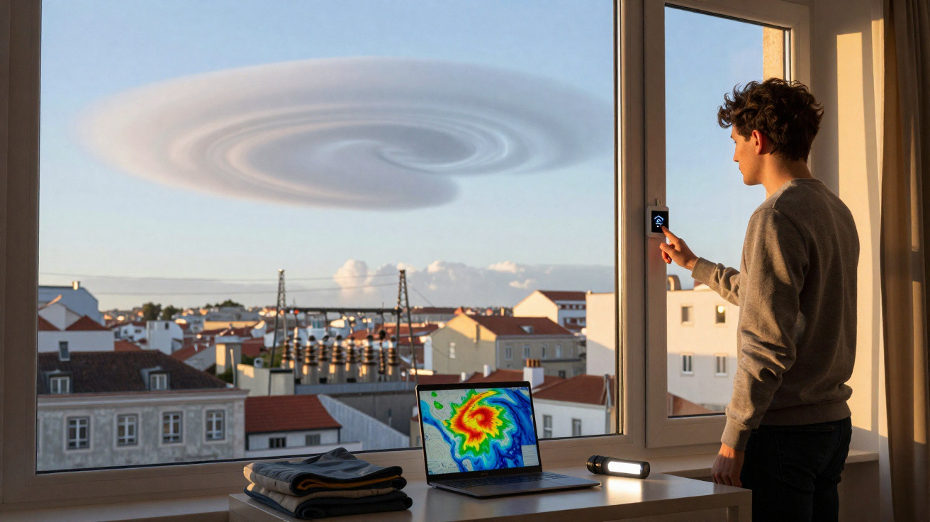 Homem controla janela inteligente enquanto observa céu com nuvem em redemoinho sobre cidade.
