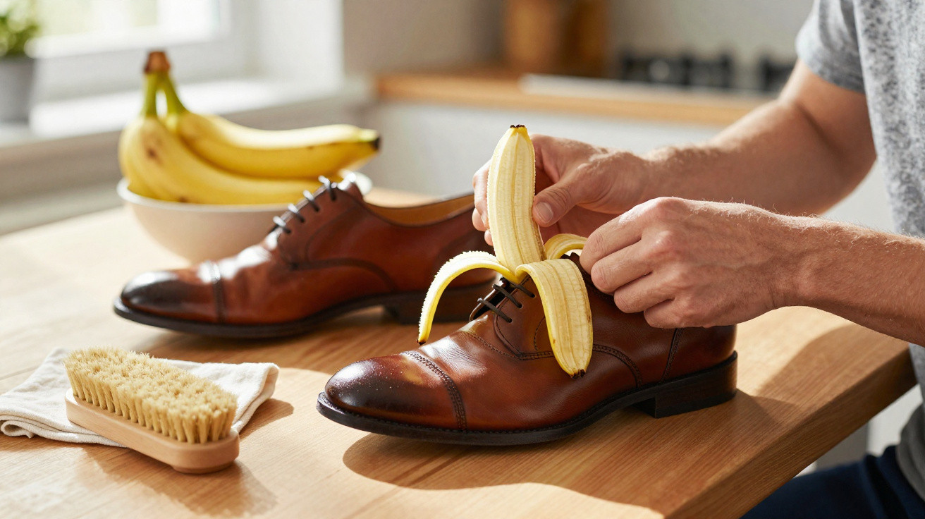 Pessoa a descascar uma banana em cima de sapato de couro castanho numa mesa de madeira.