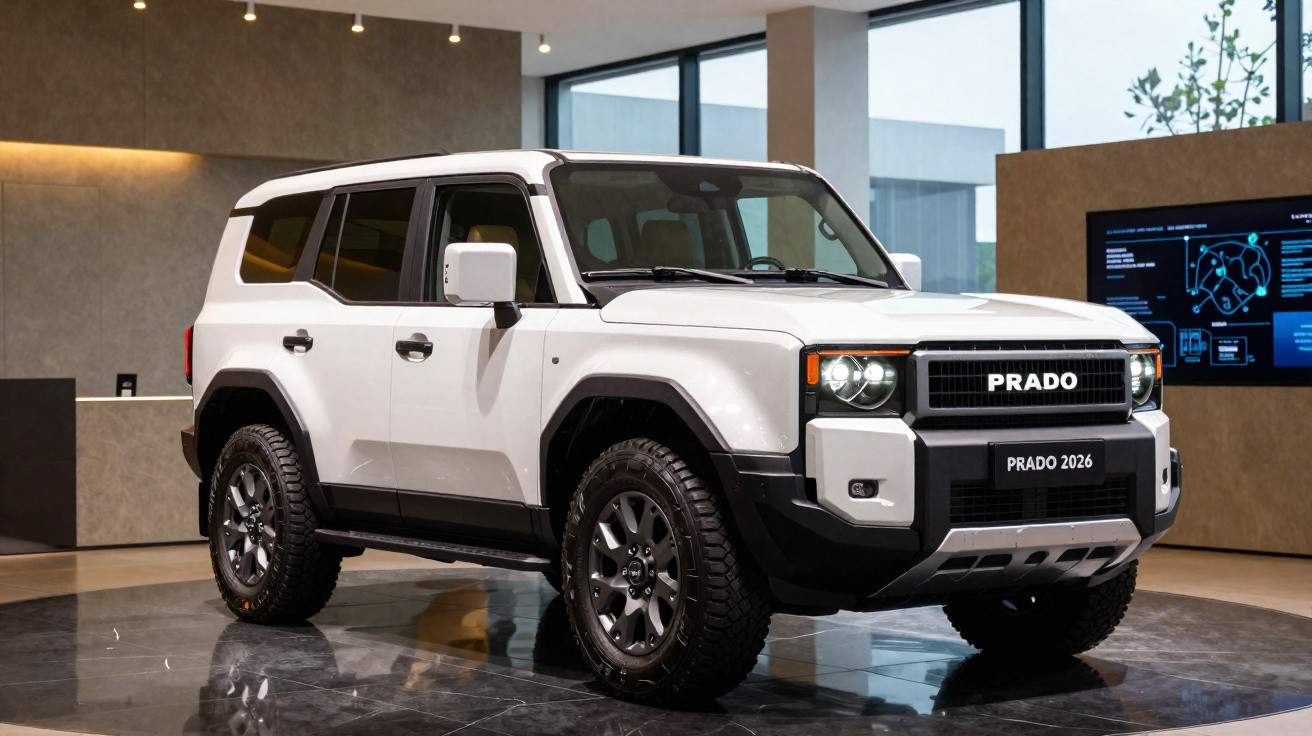 SUV branco Toyota Prado 2026 em exibição num espaço interior moderno e iluminado.