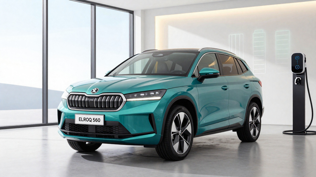 Carro elétrico Skoda Elroq 560 azul carregando numa estação num espaço interior moderno e luminoso.