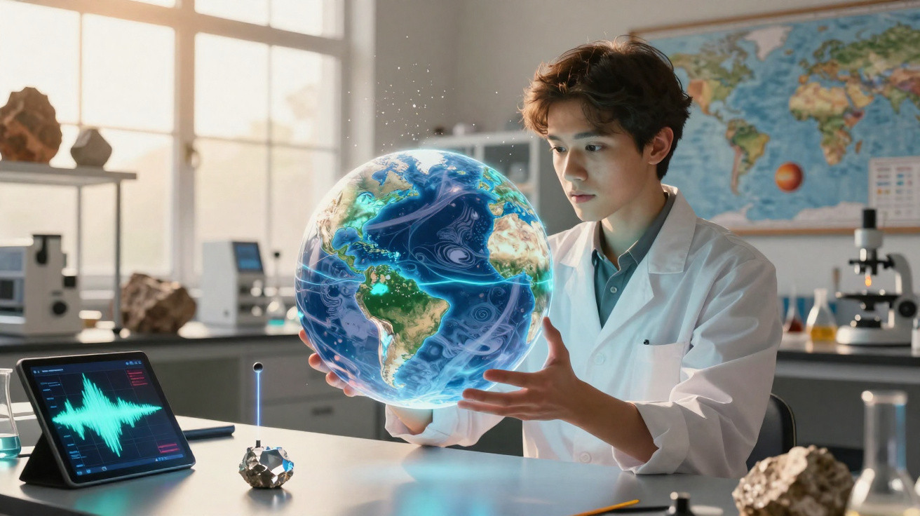 Cientista observa um globo terrestre digital em laboratório com equipamentos de pesquisa ao fundo.