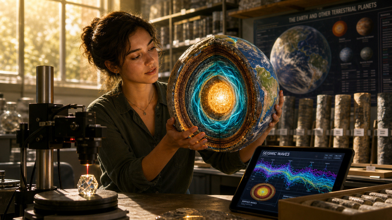Mulher em laboratório a estudar modelo 3D do interior da Terra com gráficos sísmicos num tablet.