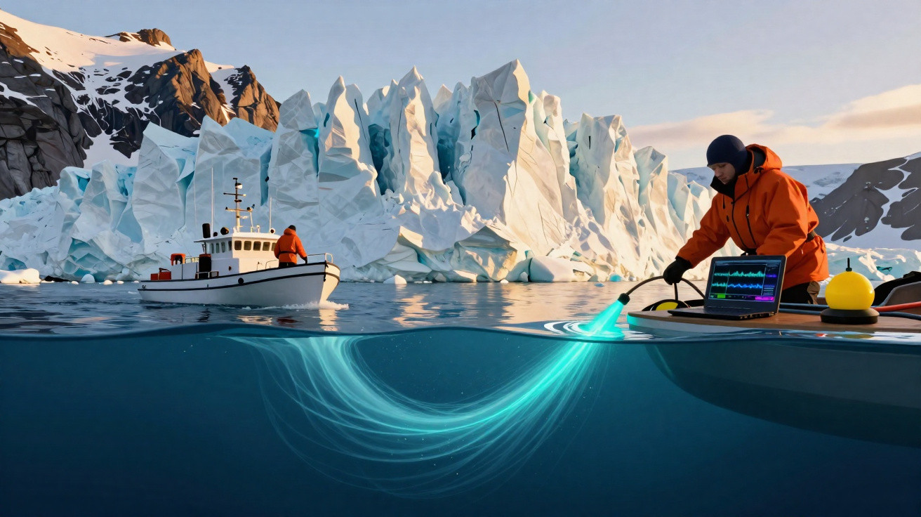 Pesquisadores em barcos perto de icebergues, com tecnologia a mapear a água no Ártico ao pôr do sol.