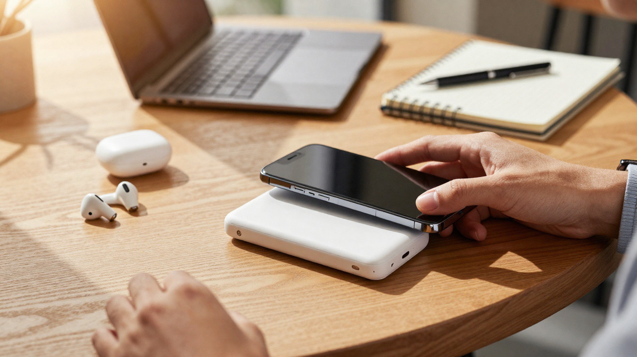 Pessoa a carregar um telemóvel com carregador wireless num escritório com computador e auriculares na mesa.