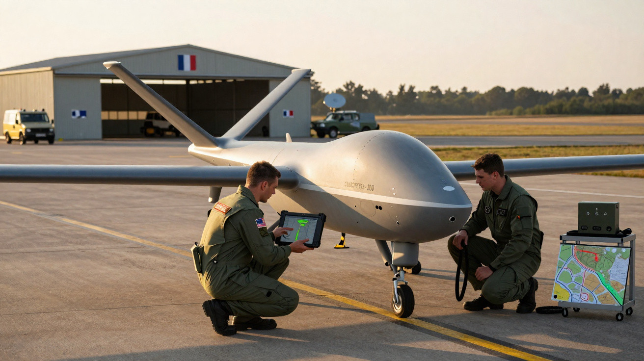 Dois militares em uniforme operam drone cinzento numa pista de aterragem com hangar ao fundo.