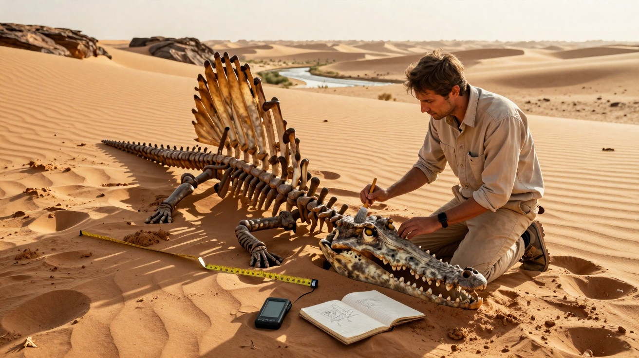Homem analisa fósseis de um grande réptil no deserto com equipamentos e caderno de anotações.