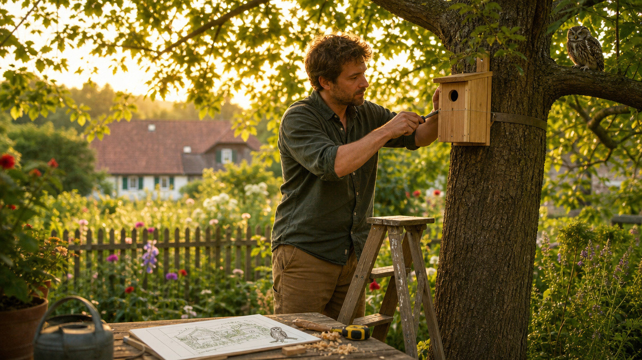 Homem instala casa de abrigo para coruja numa árvore, com jardim e casa ao fundo ao pôr do sol.