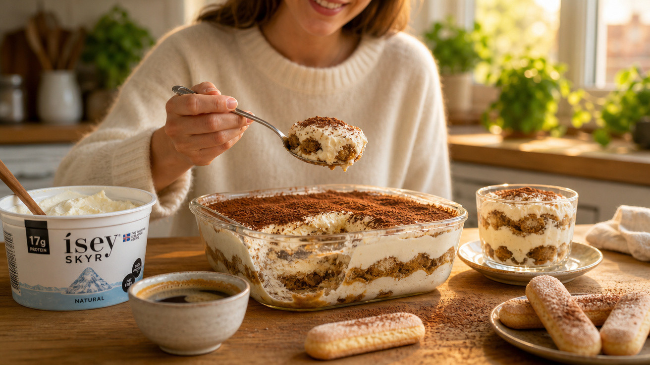 Pessoa a sorrir enquanto serve colher de tiramisù caseiro num ambiente de cozinha iluminado pela luz natural.