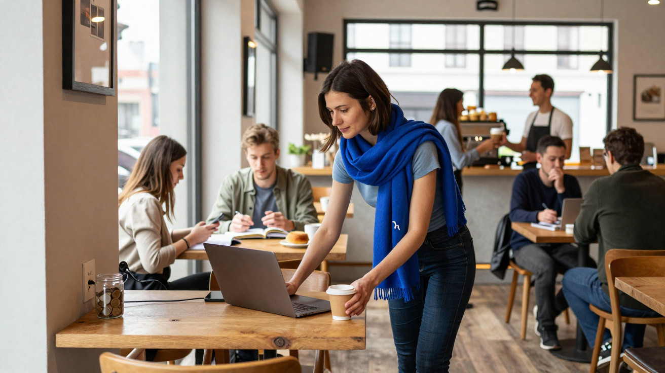 Mulher com cachecol azul a usar computador portátil num café com clientes ao fundo.