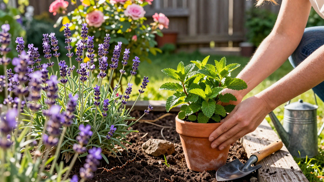 Pessoa a plantar planta aromática em vaso de barro num jardim com lavandas e roseiras ao fundo.