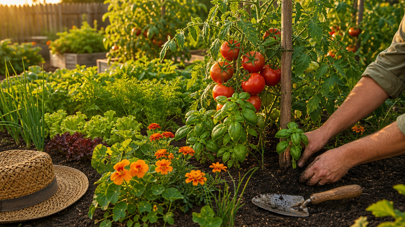 Mãos a plantar manjericão numa horta com tomates maduros e flores laranja ao pôr do sol.