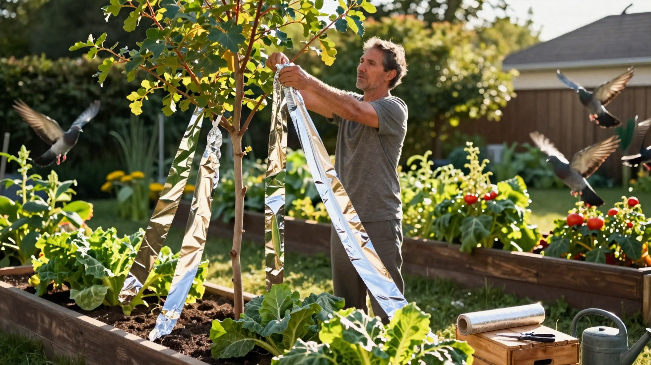 Homem coloca fitas reflectoras numa árvore num jardim com várias plantas e pombos voando.