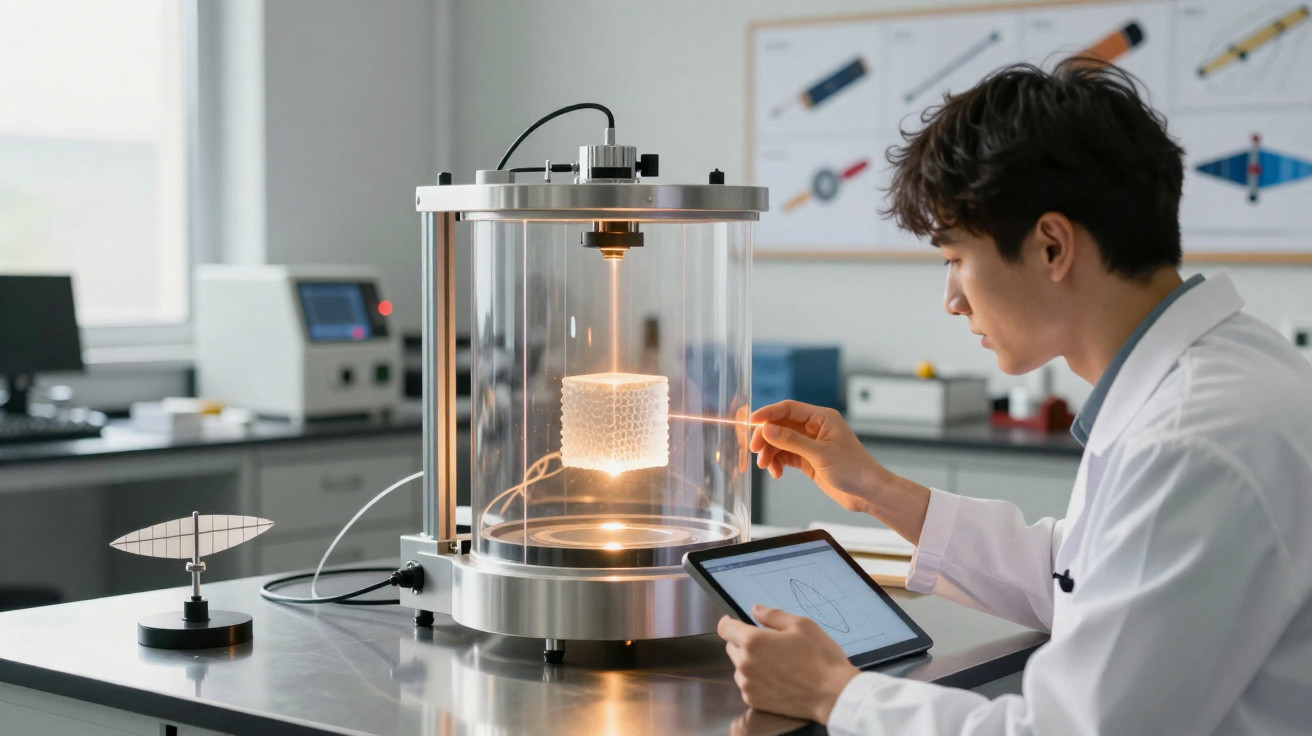 Homem em bata branca analisa objeto impresso em 3D numa máquina de laboratório moderno.