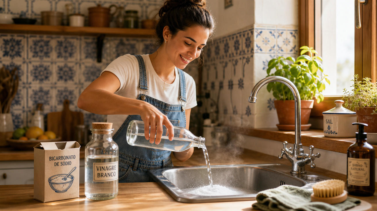 Mulher a verter vinagre branco na pia da cozinha, ao lado de bicarbonato de sódio para limpeza natural.