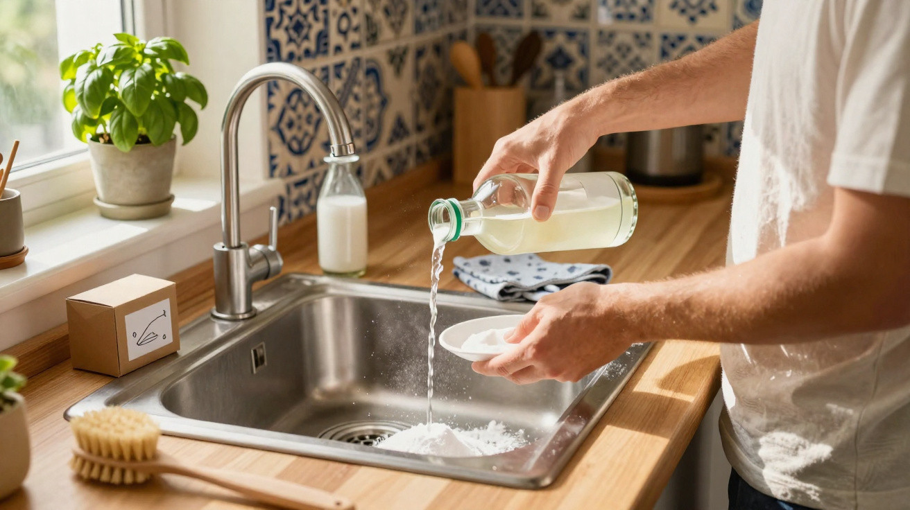 Pessoa a verter líquido branco numa pia de cozinha para limpeza, com plantas e azulejos decorativos ao fundo.
