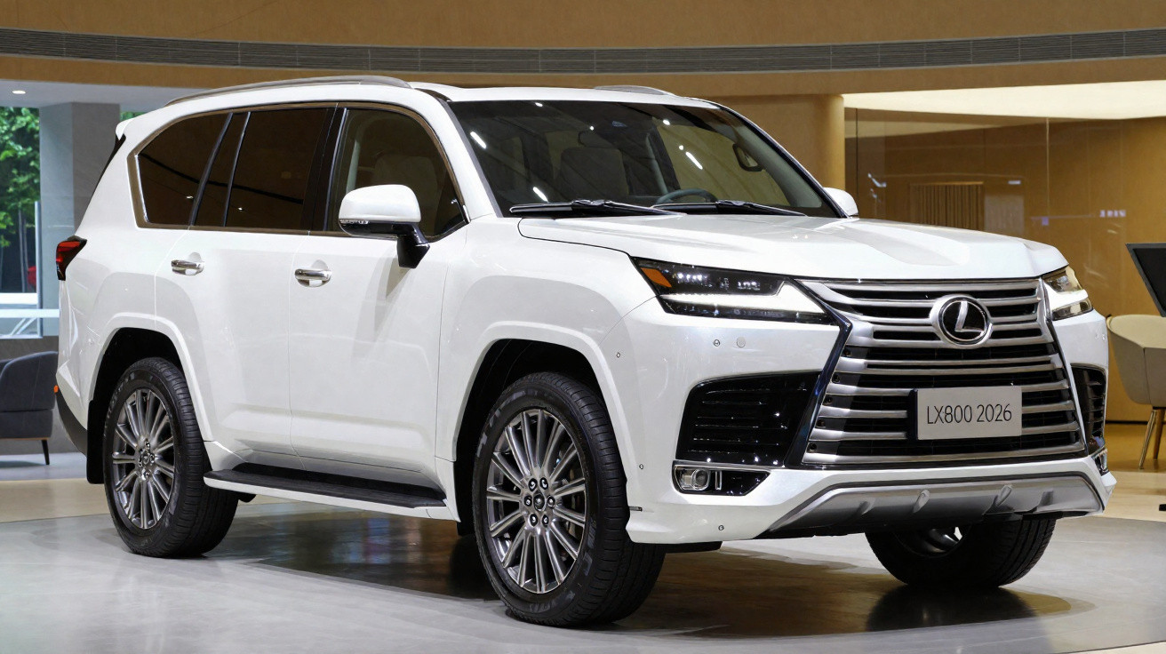 Carro SUV Lexus LX800 2026 branco em exposição num showroom moderno.