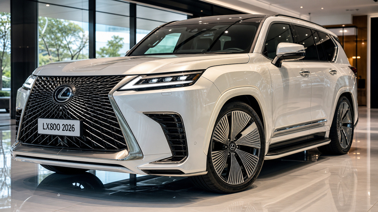 SUV Lexus LX800 branco 2026 em exposição interior com design moderno e detalhes cromados