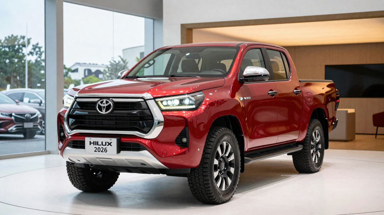 Picape Toyota Hilux vermelha 2026 em exposição, com detalhe nas luzes e grelha frontal.